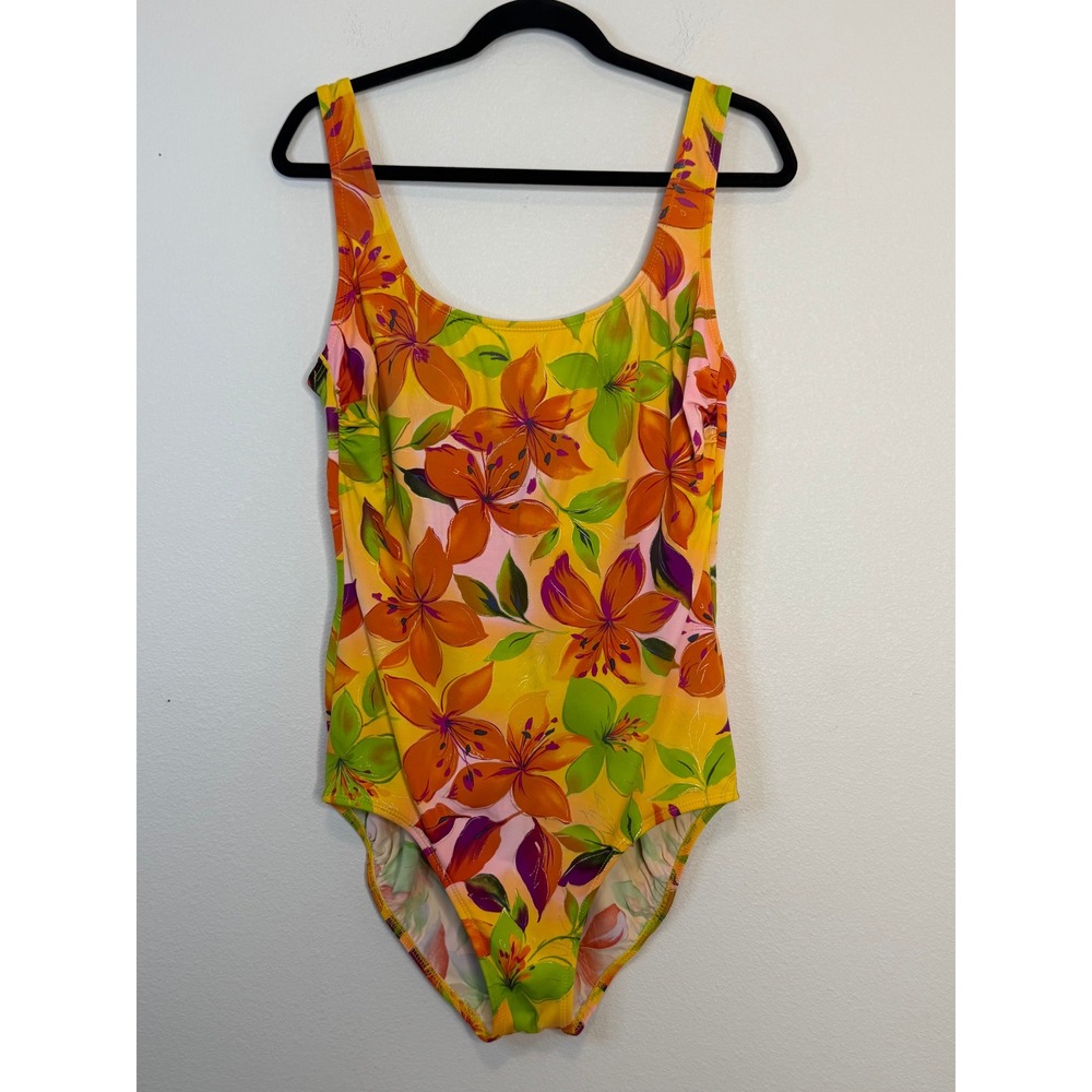 Vintage Longitude Women Orange Yellow Tropical Floral One Piece Swimsuit Size 14